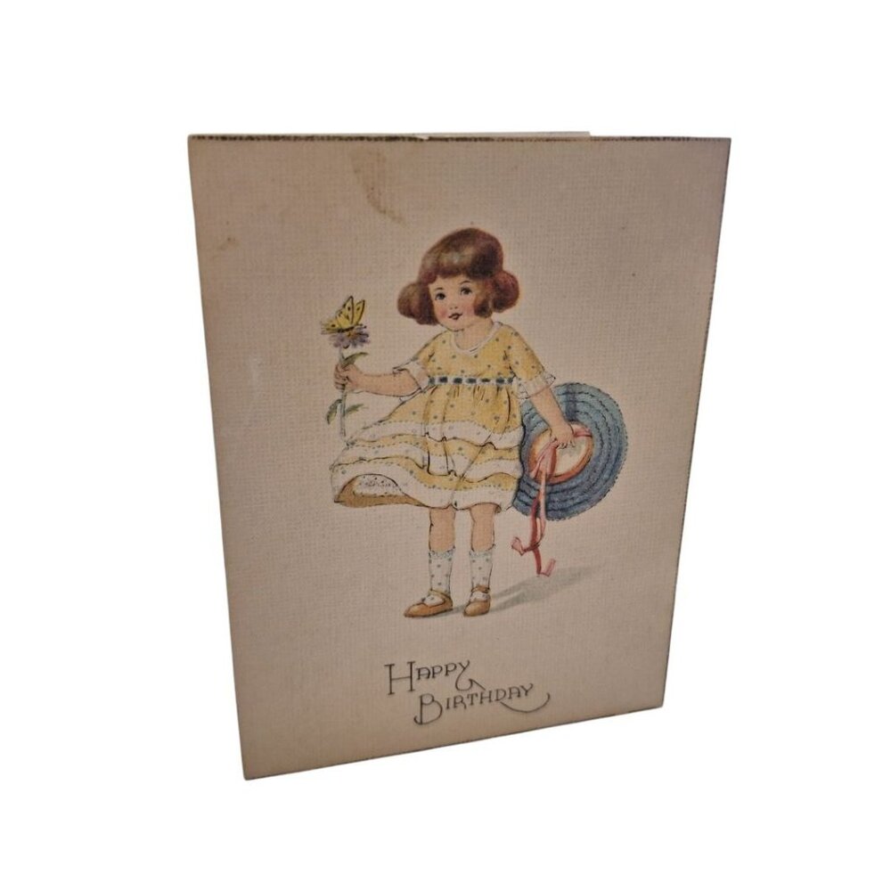 Happy Birthday Card Small Vintage Shy Love 3x4‎ 1950s Blank Girl Flowers Dress